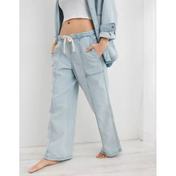 Aerie Me-Day Tie Waist Pant Y2K pull on jeans wide leg Light Blue Small A001483 - Picture 1 of 8